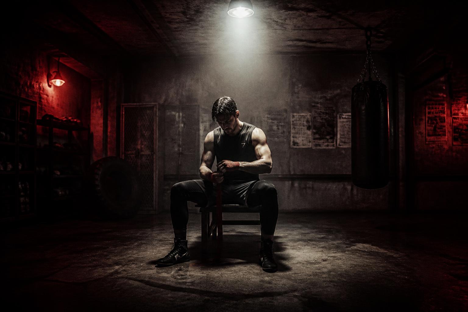 Fighter wrapping his hands under a single lamp in an underground basement gym