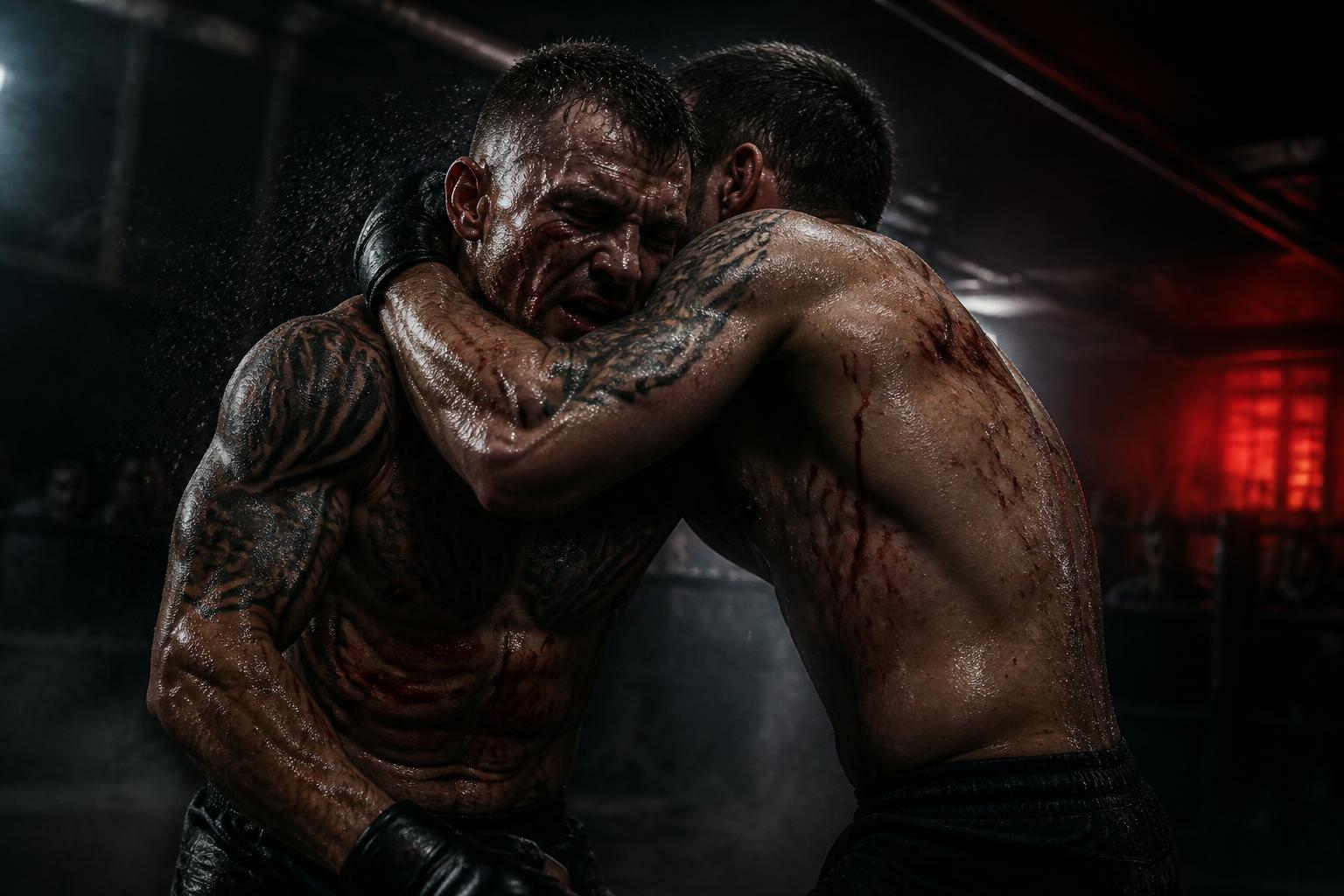 Two fighters clinching in a smoke-filled underground ring
