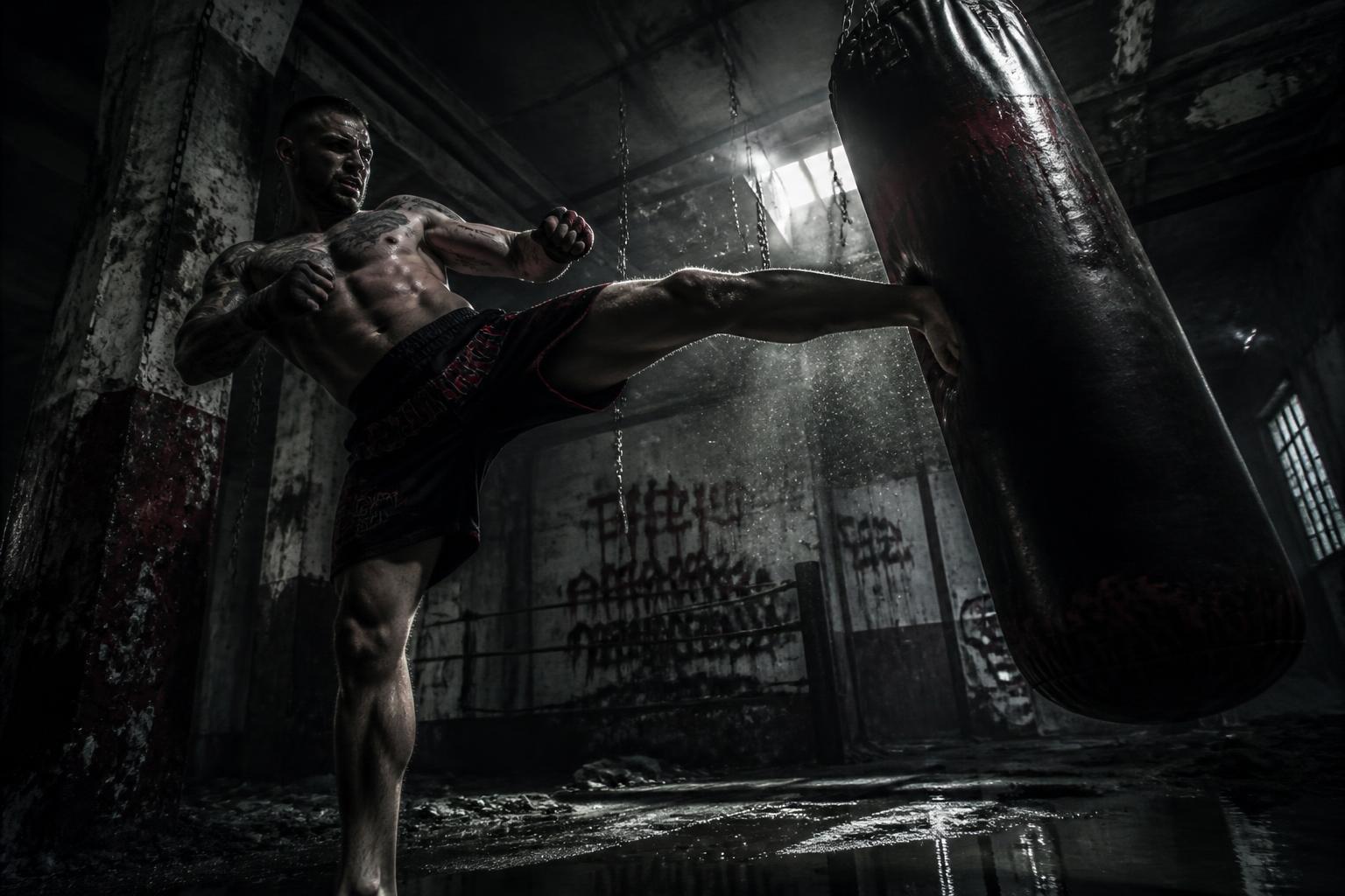 Low angle of a fighter landing a kick on a heavy bag in a derelict warehouse
